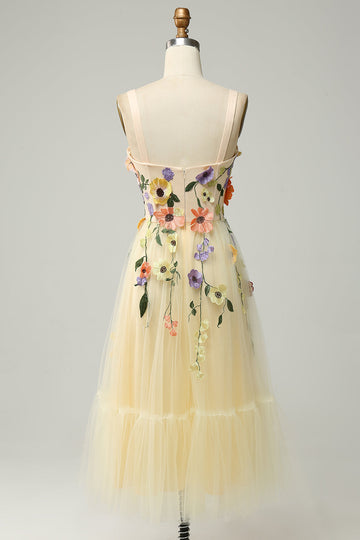 A Line Spaghetti Straps Champagne Tea Length Formal Dress with Appliques